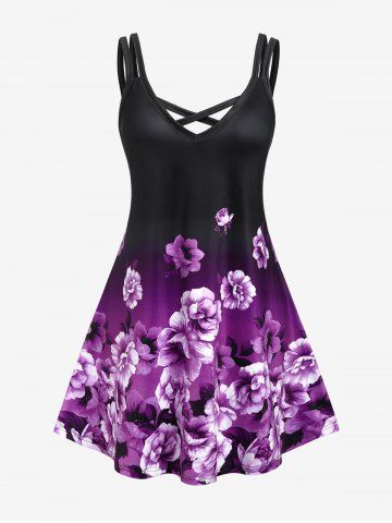 Plus Size Sleeveless Floral Print Crisscross Sundress - BLACK - L | US 12