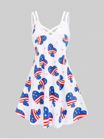 Plus Size Crisscross American Flag Patriotic A Line Sleeveless Dress - WHITE - M | US 10