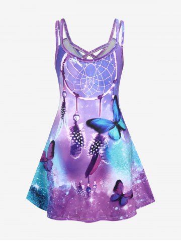 Plus Size Sleeveless Dreamcatcher Butterfly Print Sundress