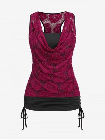Plus Size Cowl Neck Cinched Rose Lace Tank Top - DEEP RED - M | US 10