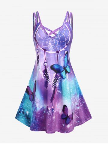 Plus Size Sleeveless Dreamcatcher Butterfly Print Sundress