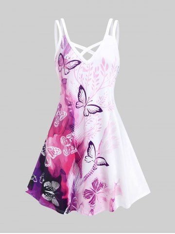 Plus Size Crisscross Butterfly Print Sundress