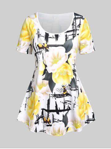 Plus Size Plaid Floral Print Tee - YELLOW - 3X | US 22-24