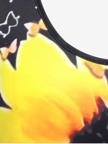 Plus Size Sunflower Butterfly Print Lace Panel Tank Top