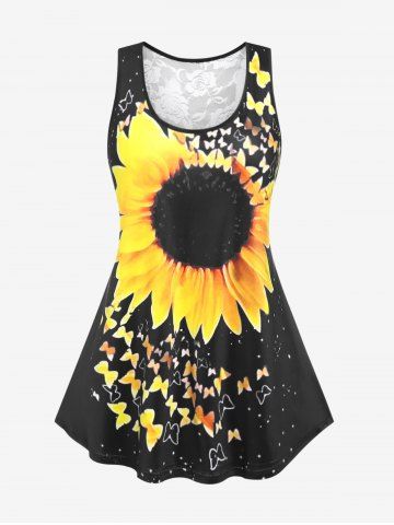 Plus Size Sunflower Butterfly Print Lace Panel Tank Top