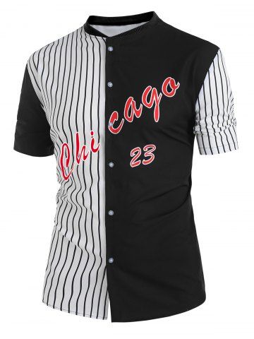 Colorblock Stripe Print Short Sleeve Shirt - BLACK - 2XL