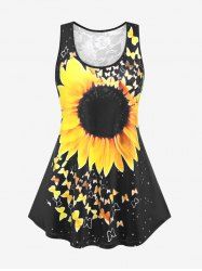 Plus Size Sunflower Butterfly Print Lace Panel Tank Top -  