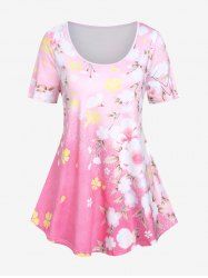 Plus Size Peach Blossom Print Ombre Color Tee -  
