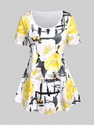 T-shirt à Imprimé Floral à Carreaux de Grande Taille - Jaune 1X | US 14-16