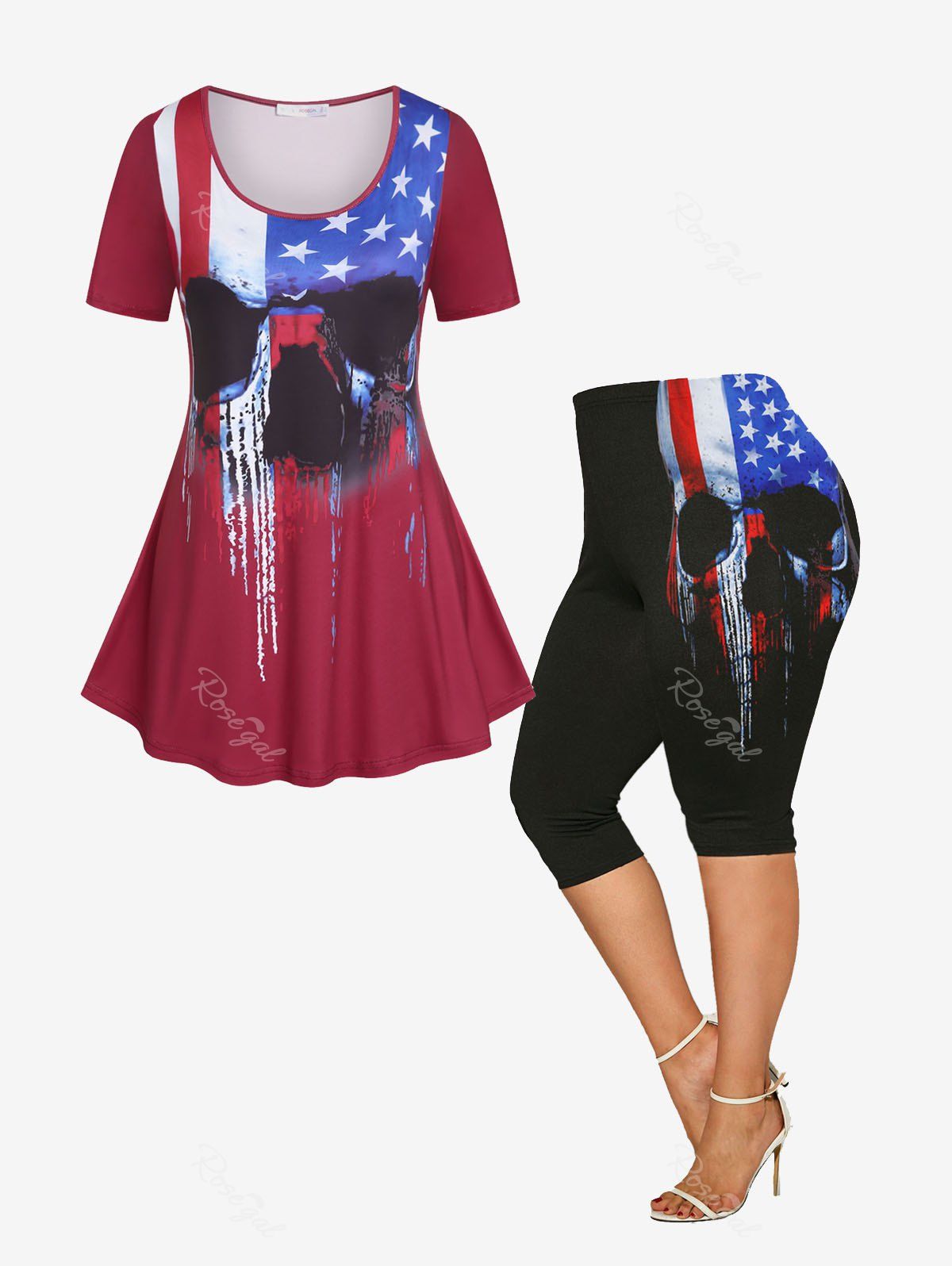 Affordable American Flag Print Skull Print Tee and Patriotic Capri Leggings Plus Size Summer Outfit  