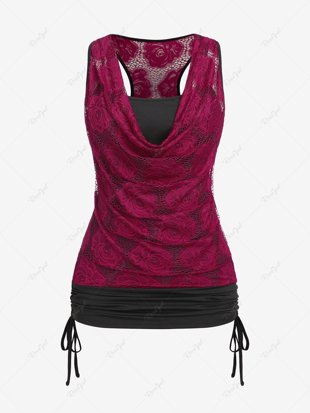 Trendy Plus Size Cowl Neck Cinched Rose Lace Tank Top  
