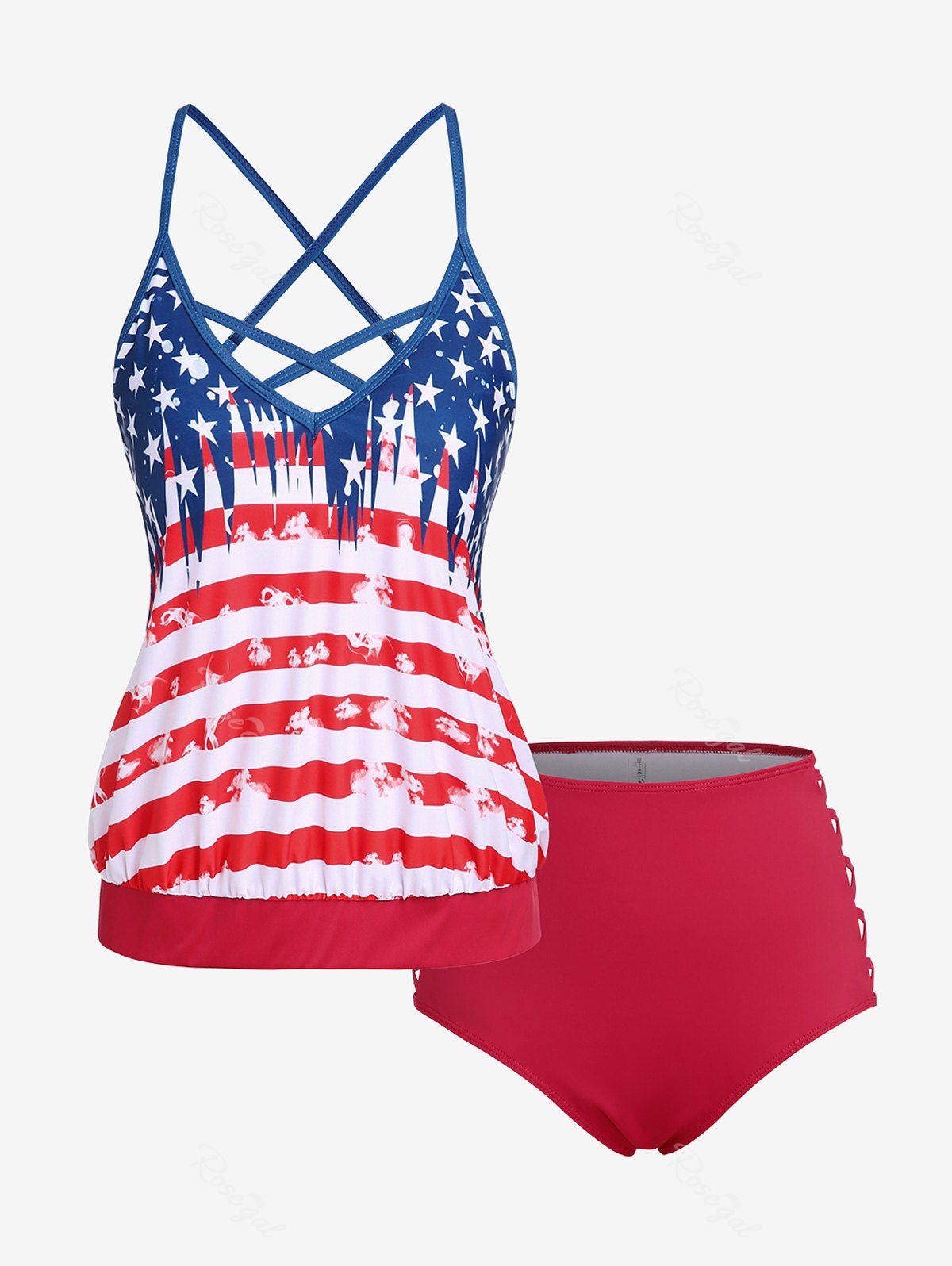 Discount Plus Size Patriotic American Flag Print Crisscross High Waist Tankini Swimsuit  