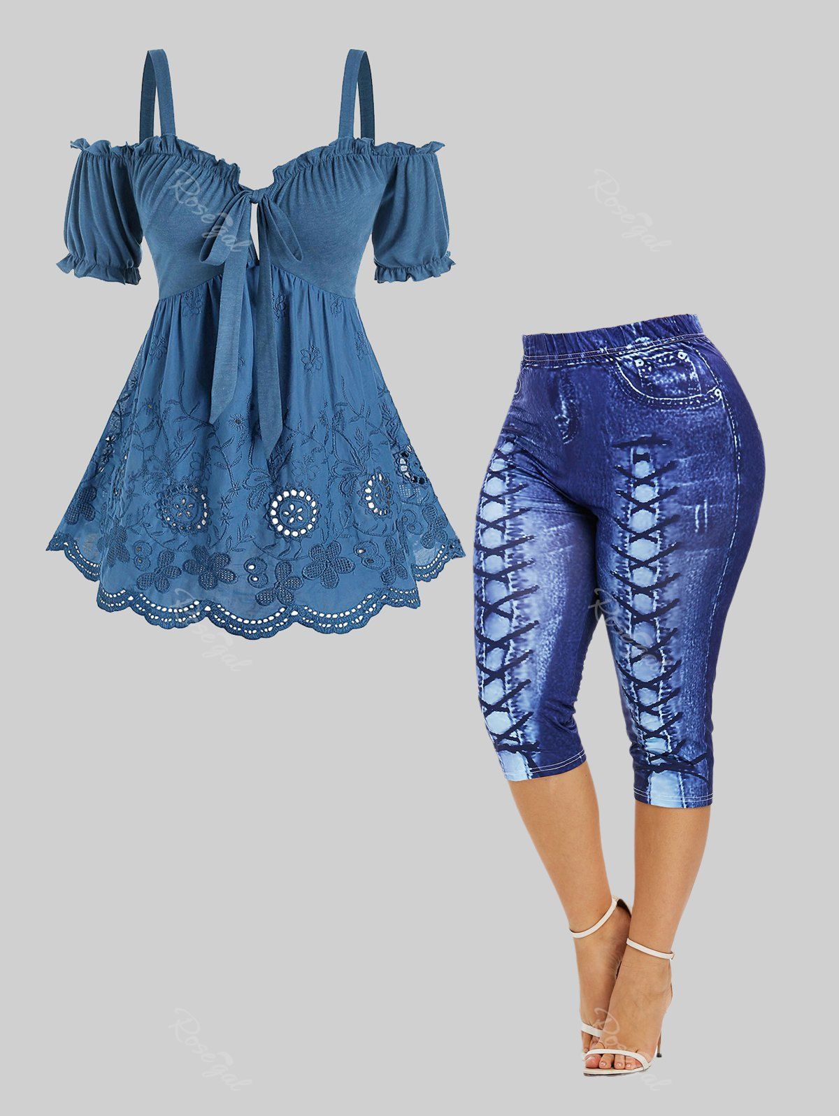 Fancy Cold Shoulder Embroidery Scalloped Top and Curve 3D Capri Leggings Plus Size Summer Outfit  