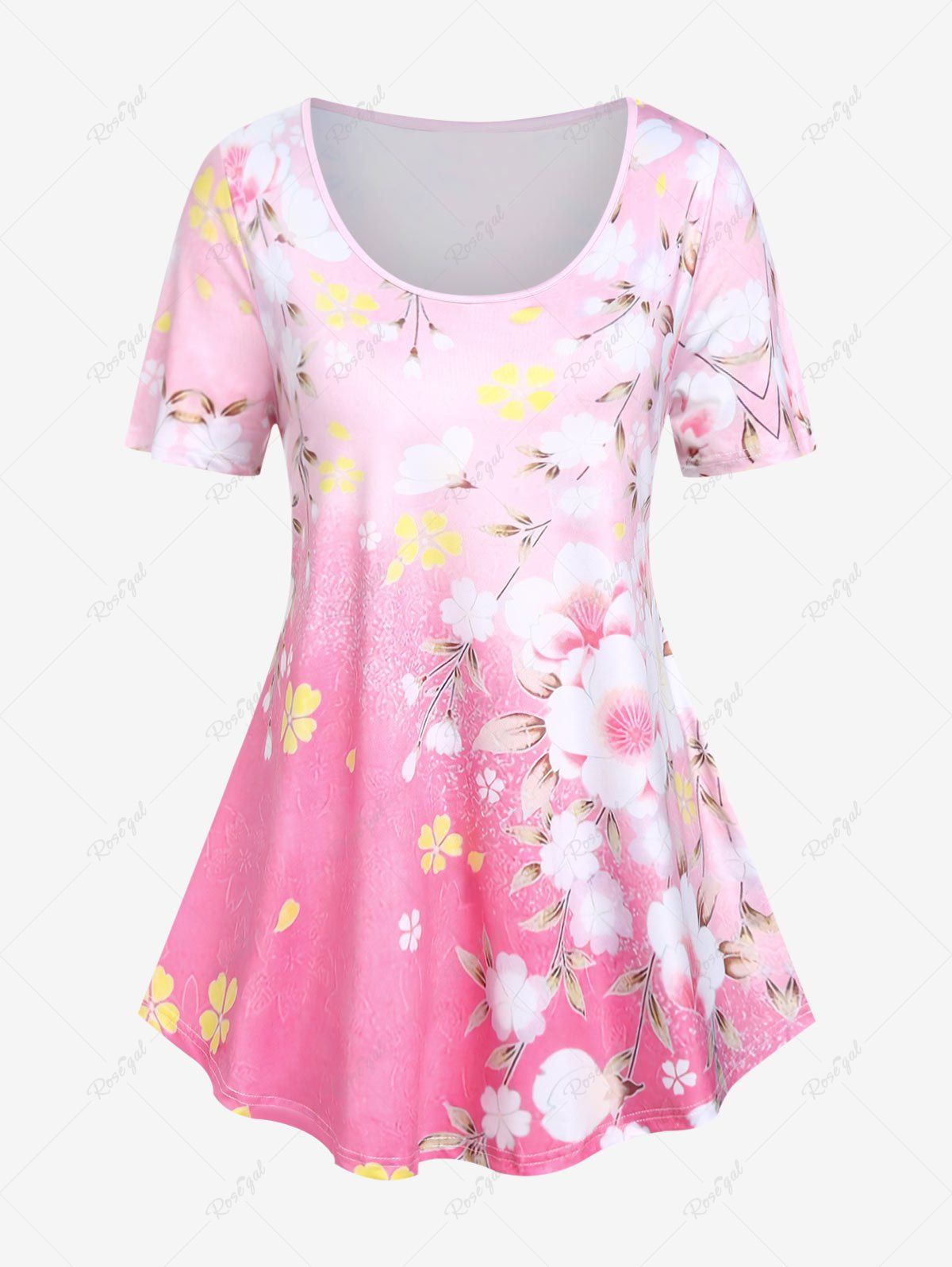 T-shirt à Imprimé Fleur de Pêche en Couleur Ombrée de Grande Taille Rose clair 5x | US 30-32