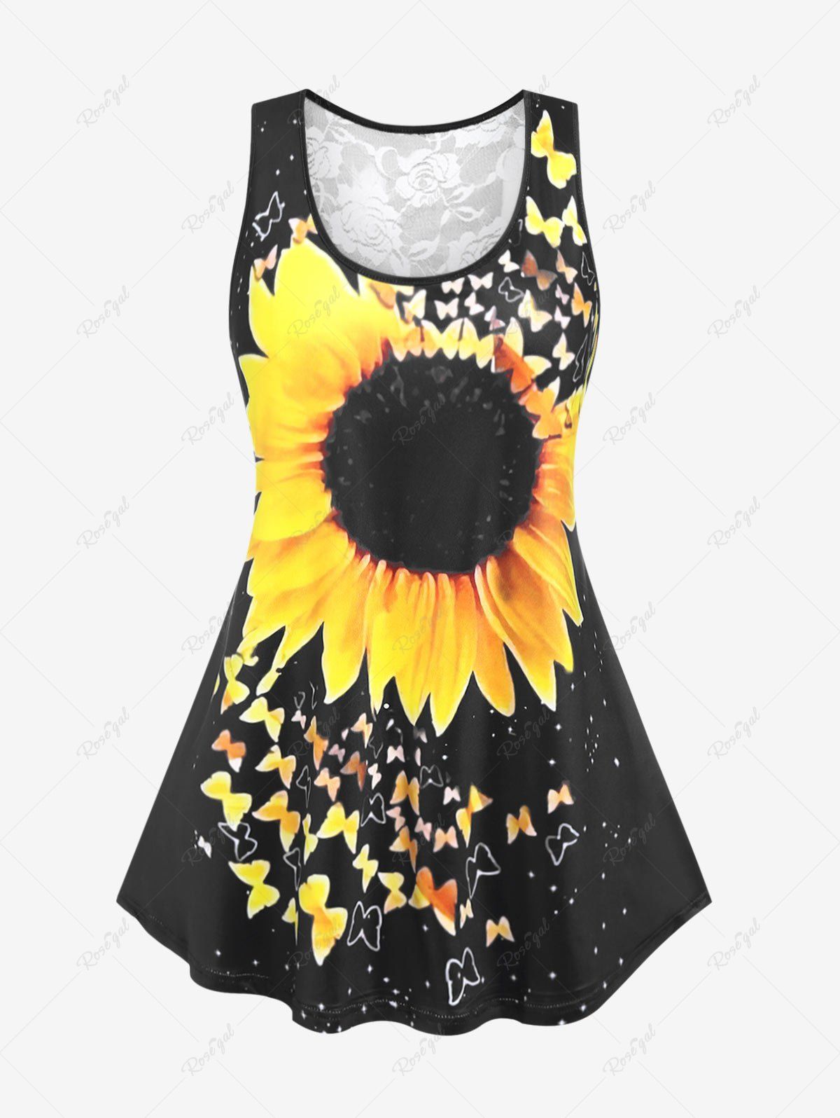 Chic Plus Size Sunflower Butterfly Print Lace Panel Tank Top  