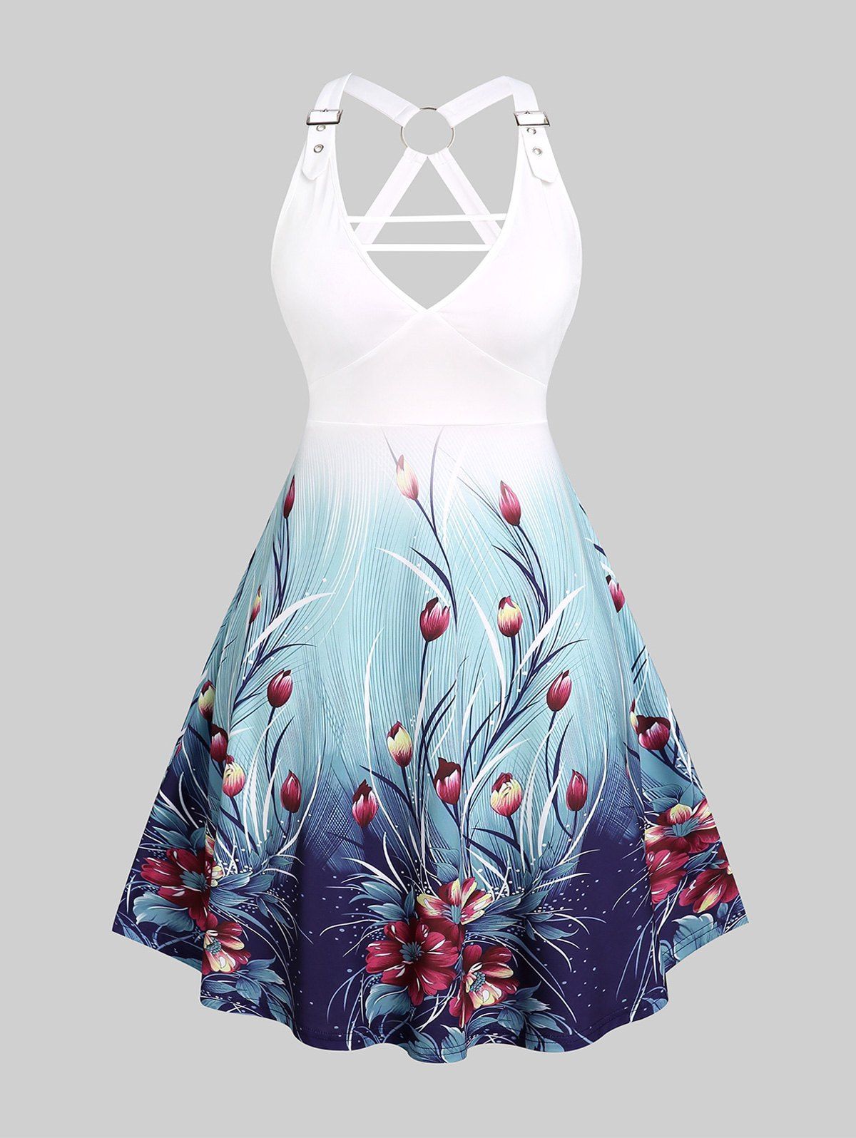 Online Plus Size Plunge O Ring Floral Print Dress  