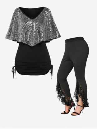Party Sequins Ruffled Cinched Tee and Flare Pants Plus Size Summer Outfit