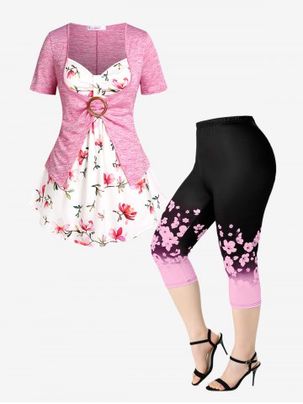 Cottagecore Floral Print Faux 2 in 1 Tee and Floral Print High Waist Capri Leggings Plus Size Summer Outfit