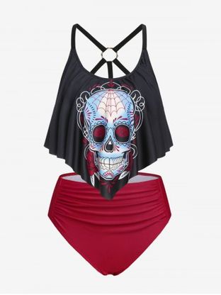 Plus Size Gothic Skull Strappy Ruched Overlay Padded Tankini Swimsuit