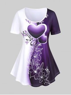 Plus Size Colorblock Heart Floral Print Tee - CONCORD - 3X | US 22-24