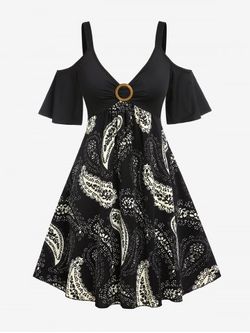 Plus Size Cold Shoulder Paisley Print A Line Dress - BLACK - 2X | US 18-20