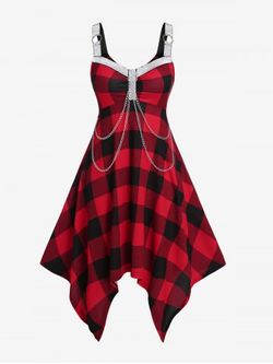 Plus Size Punk Chains Plaid Handkerchief Midi Dress - RED - L