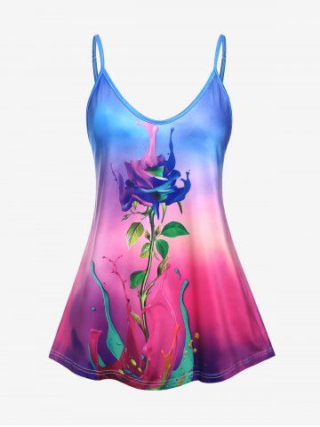Plus Size Rainbow Color Rose Print Tank Top