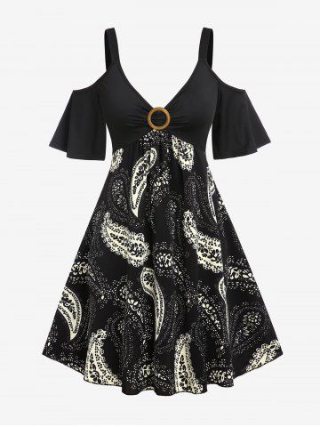 Plus Size Cold Shoulder Paisley Print A Line Dress - BLACK - L | US 12