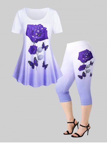 Butterfly Rose Ombre Tee and Capri Leggings Plus Size Summer Outfit - PURPLE