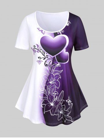 Plus Size Colorblock Heart Floral Print Tee - CONCORD - 2X | US 18-20