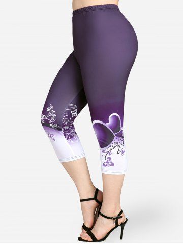 Plus Size High Waist Floral Heart Print Capri Skinny Leggings - CONCORD - 4X | US 26-28