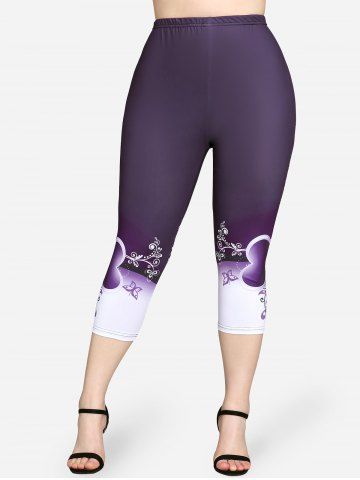 Plus Size High Waist Floral Heart Print Capri Skinny Leggings