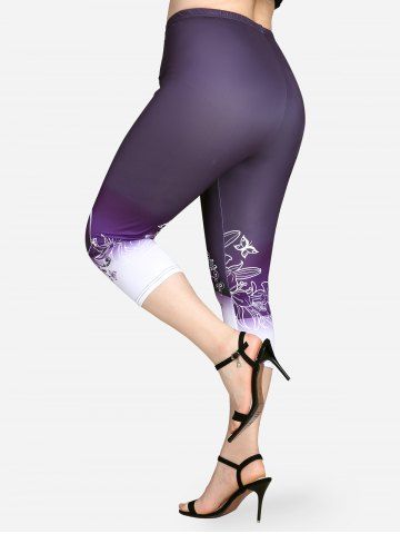 Plus Size High Waist Floral Heart Print Capri Skinny Leggings