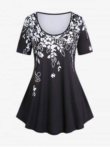 Plus Size Floral Two Tone Short Sleeves Tee - BLACK - 5X | US 30-32