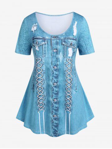 Plus Size Ripped Denim 3D Print T-shirt