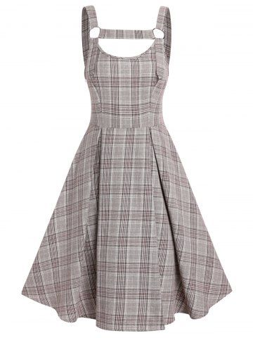 Cut Out Lace Up Pleated A Line Midi Plaid Vintage Dress - COFFEE - M