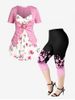 Cottagecore Floral Print Faux 2 in 1 Tee and Floral Print High Waist Capri Leggings Plus Size Summer Outfit -  