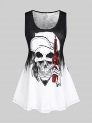 Plus Size Gothic Skull Print Lace Panel Tank Top -  