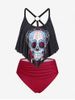 Plus Size Gothic Skull Strappy Ruched Overlay Padded Tankini Swimsuit -  