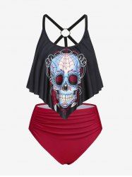 Plus Size Gothic Skull Strappy Ruched Overlay Padded Tankini Swimsuit -  