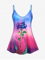 Plus Size Rainbow Color Rose Print Tank Top -  