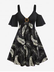 Plus Size Cold Shoulder Paisley Print A Line Dress -  