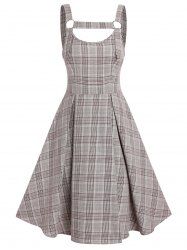 Cut Out Lace Up Pleated A Line Midi Plaid Vintage Dress -  