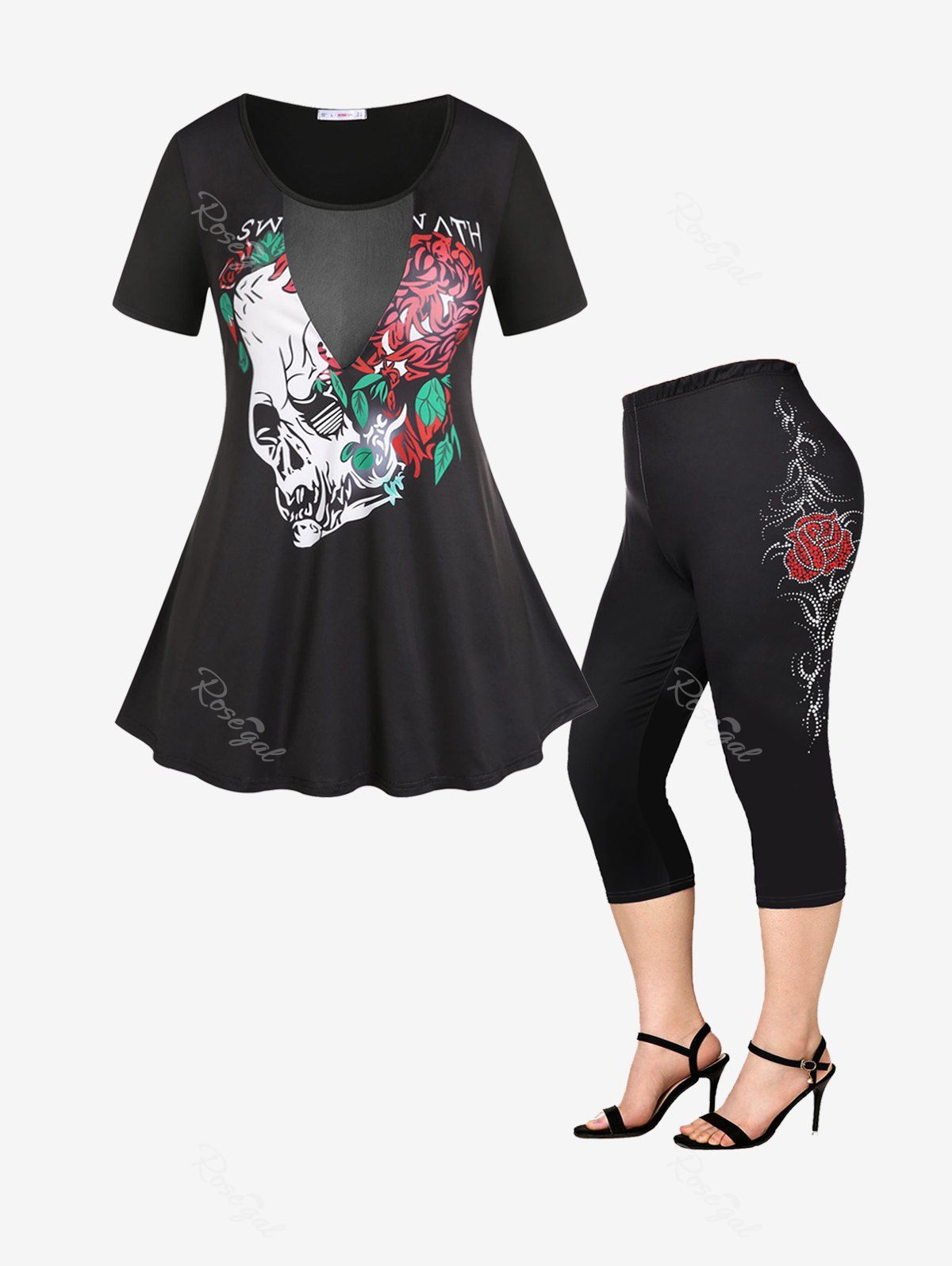Latest Mesh Panel Gothic Skulls Rose Graphic Tee and Leggings Plus Size Summer Outfit  