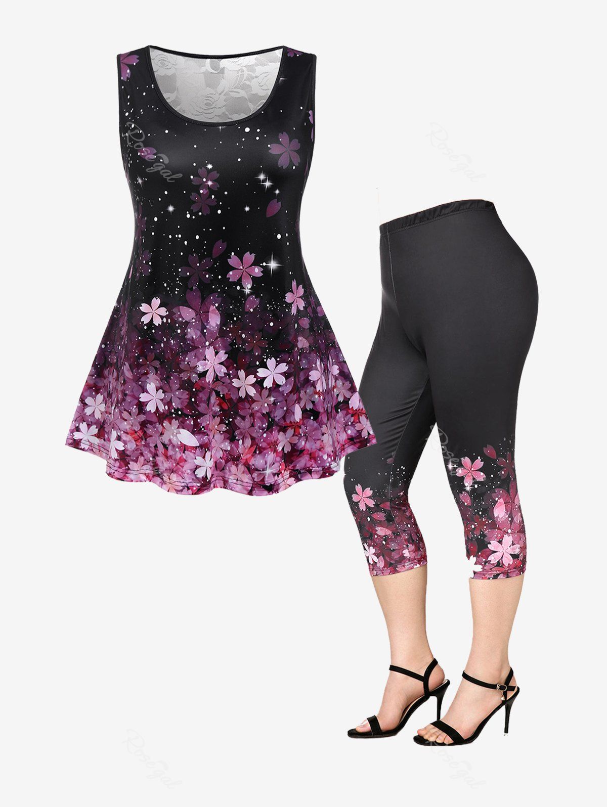 Sale Sakura Flower Lace Panel Tank Top and Leggings Plus Size Summer Outfit  