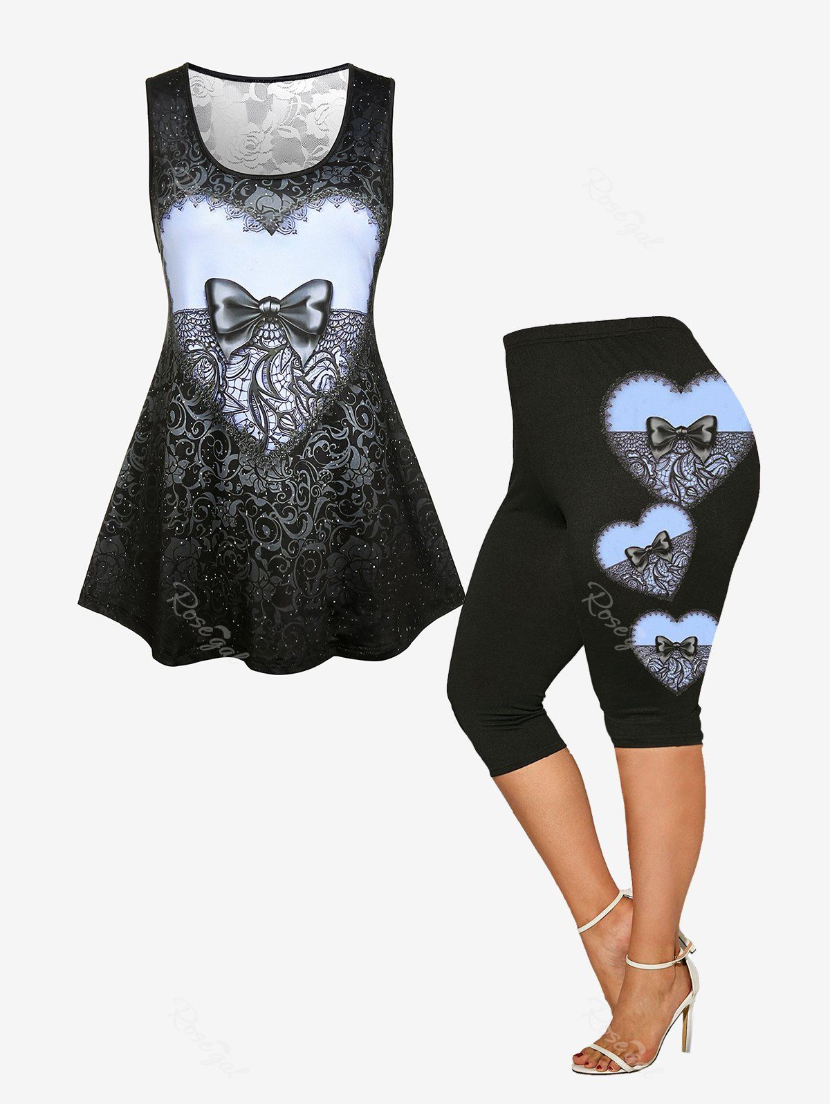 Shop 3D Heart Lace Print Lace Panel Tank Top and High Rise Heart Print Bowknot Capri Leggings Plus Size Summer Outfit  