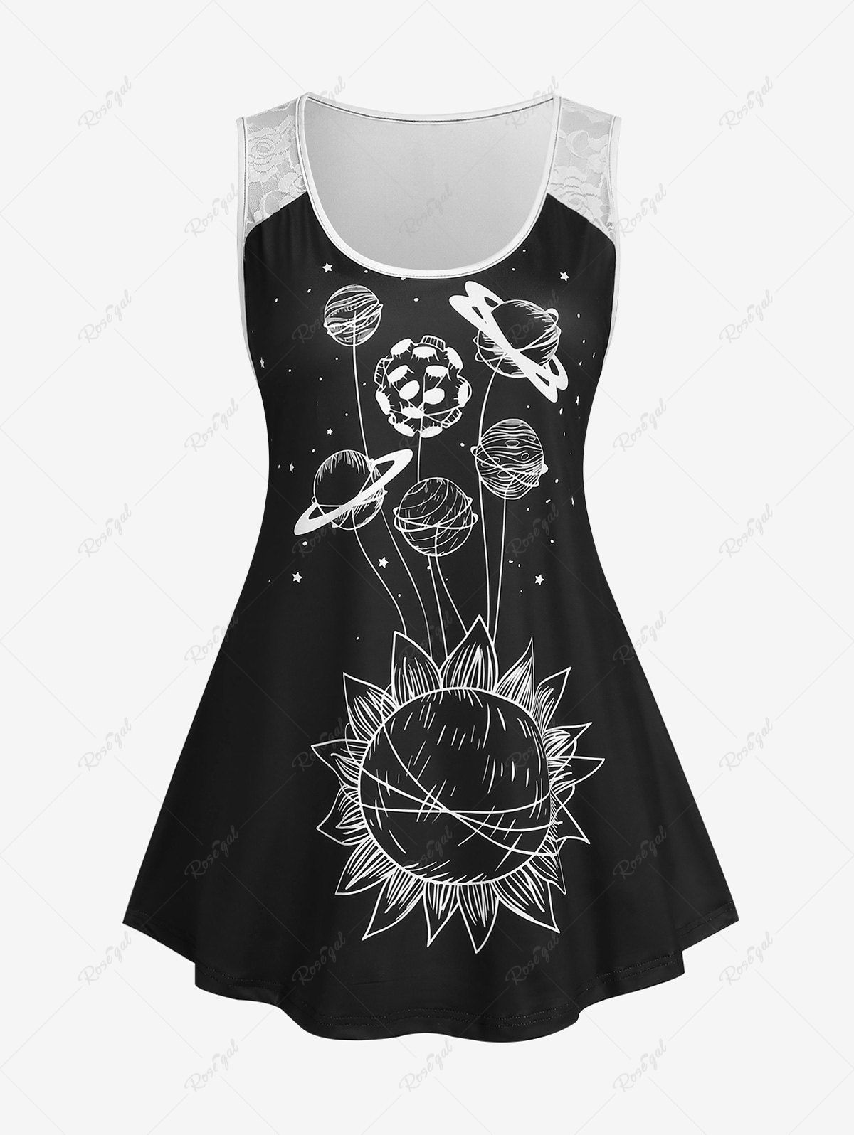 Sale Plus Size Planet Print Lace Panel Colorblock Tank Top  