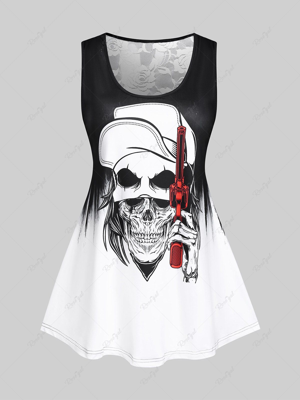 Sale Plus Size Gothic Skull Print Lace Panel Tank Top  