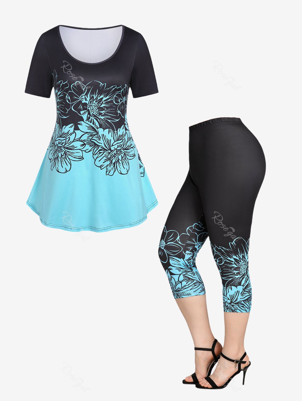 Affordable Colorblock Floral Print Tee and Skinny Capri Leggings Plus Size Summer Outfit  