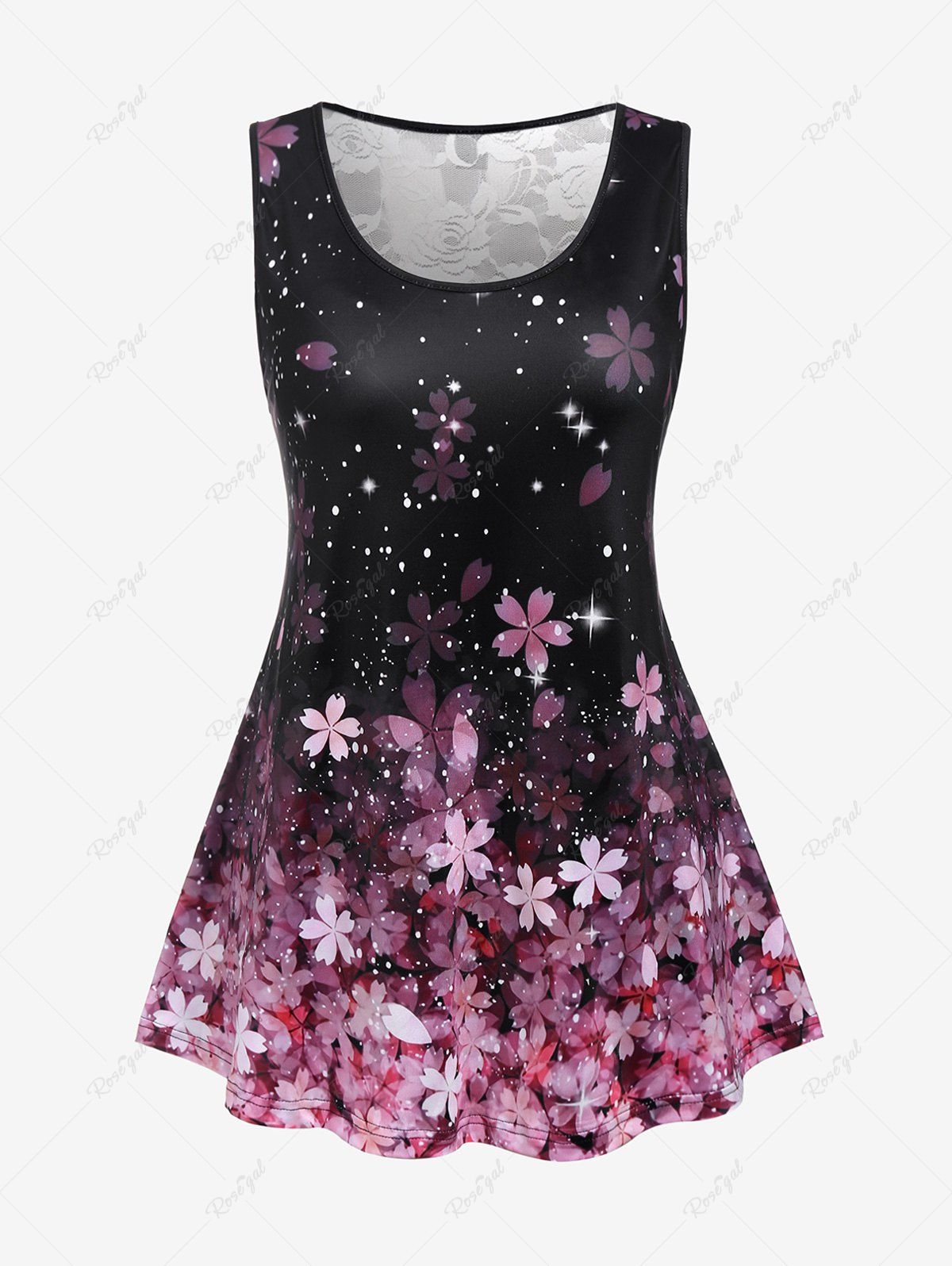 Outfit Plus Size Sakura Flower Print Lace Panel Tank Top  